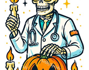 Halloween Skeleton Doctor PNG, Spooky Medical Skeleton with Pumpkin, Candles & Stethoscope, Halloween Nurse Clipart for T-Shirt Sublimation