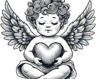 Cherub Angel with Heart&Wings PNG Clipart,Vintage Valentine’s Day Digital Download-Printable Cupid Illustration-Romantic Clip Art DIY Craft