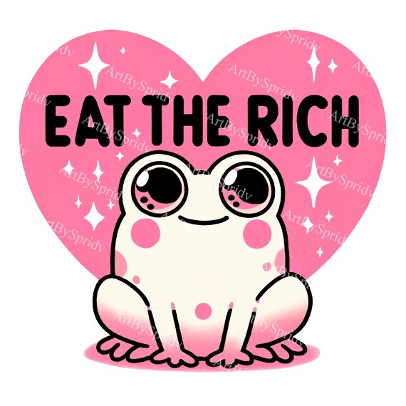 Adorable Frog Clipart with 'Eat The Rich' Message, Pink Heart Background, Digital Download, Protest Art, Cute Animal PNG, Social Statement