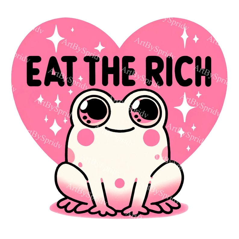 Adorable Frog Clipart with 'Eat The Rich' Message, Pink Heart Background, Digital Download, Protest Art, Cute Animal PNG, Social Statement