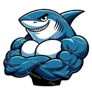 Muskulöser Hai Clipart PNG, druckbares Sublimationsdesign für Shirts & Tassen, digitaler Download, starker Hai Cartoon Charakter DIY Fisch Clip Art