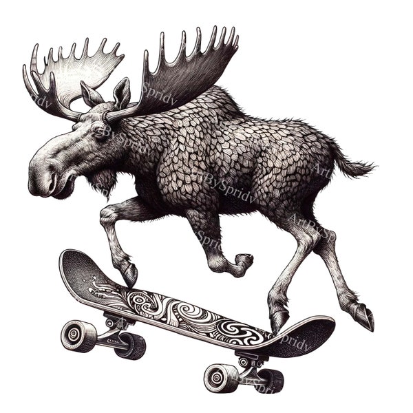 Skateboarding Moose Clipart - Quirky Hand-Drawn Animal Illustration PNG, Digital Download for DIY Creative Projects, Unique Skate Moose Art