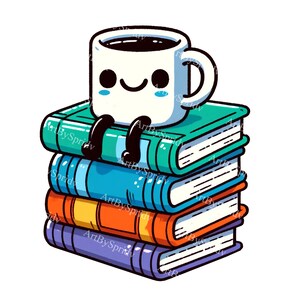 Op de afbeelding: Een witte koffiemok met een glimlachend gezicht zit bovenop een stapel kleurrijke boeken. De boeken zijn groen, blauw, oranje en paars.