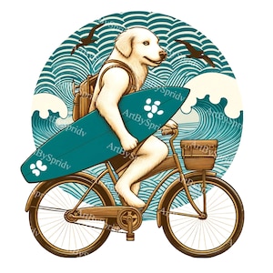 Golden Retriever on Vintage Bike PNG Clipart-Beach Summer Theme,Ocean Wave Backdrop,Digital Download for Scrapbooking,Invitations,DIY Crafts