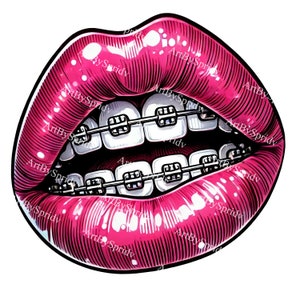 Rosa Lippen mit Klammern PNG Clipart, glänzende Retro Pop Art, digitaler Download, transparente Spaß Klammern Lippenkunst, einzigartige Clip Art für DIY Handwerk