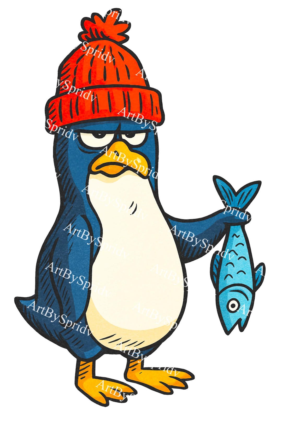 Grumpy Penguin in Red Beanie PNG – Funny Winter Fishing Penguin Holding ...