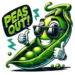 Erbsen raus! Clipart - Cartoon Grüne Erbsenschote beim Abschied winken - Digitale PNG für Sublimation, Einladungen, Bastelarbeiten und Klassenzimmer Dekor