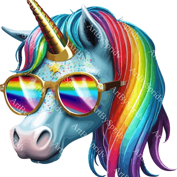 Cute Unicorn Head & Horn Sunglasses PNG, Transparent Animal Clipart, Cartoon Design,Printable Sublimation,Commercial,Baby Shower Magical Art