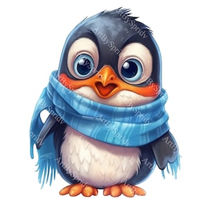 青いスカーフを巻いた赤ちゃんペンギンの PNG クリップアート、かわいい冬の動物のデジタル ダウンロード、クリスマス カード、ホリデー DIY クラフト、子供用装飾に最適