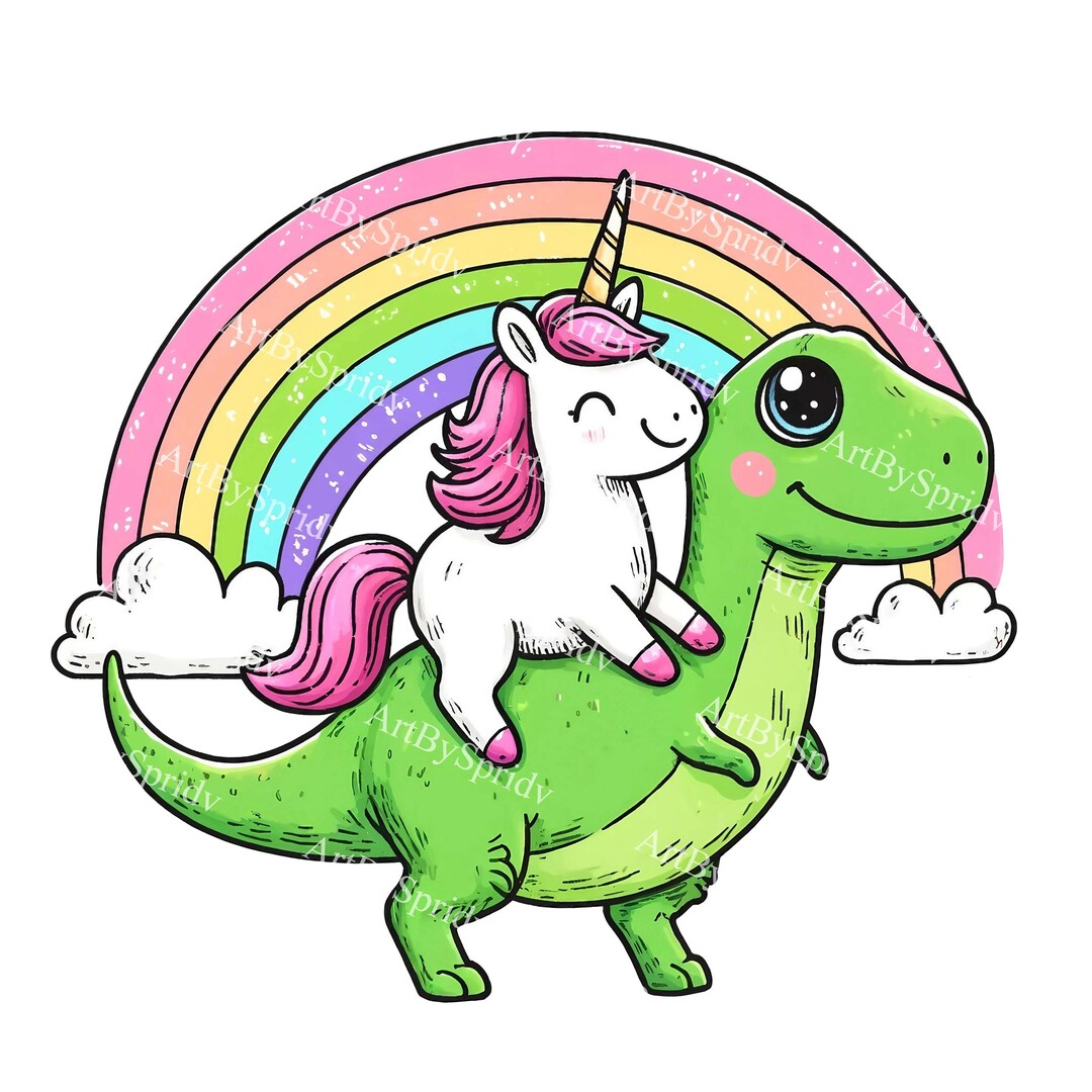Magical Unicorn Riding Dinosaur Clipart-rainbow Fantasy Digital Png ...