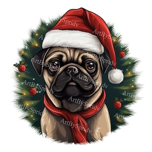 Christmas Pug PNG Clipart, Xmas Pug in Santa Hat Transparent Clip Art for Holiday DIY Crafts,Stickers,T-Shirt,Mug Sublimation,Seasonal Decor