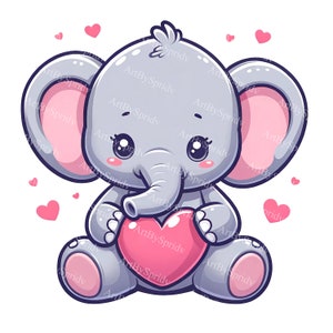 Lindo elefante de dibujos animados con corazón Clipart - Día de San Valentín PNG para DTG, camisetas, tazas, vasos, sublimación, álbumes de recortes - Descarga digital