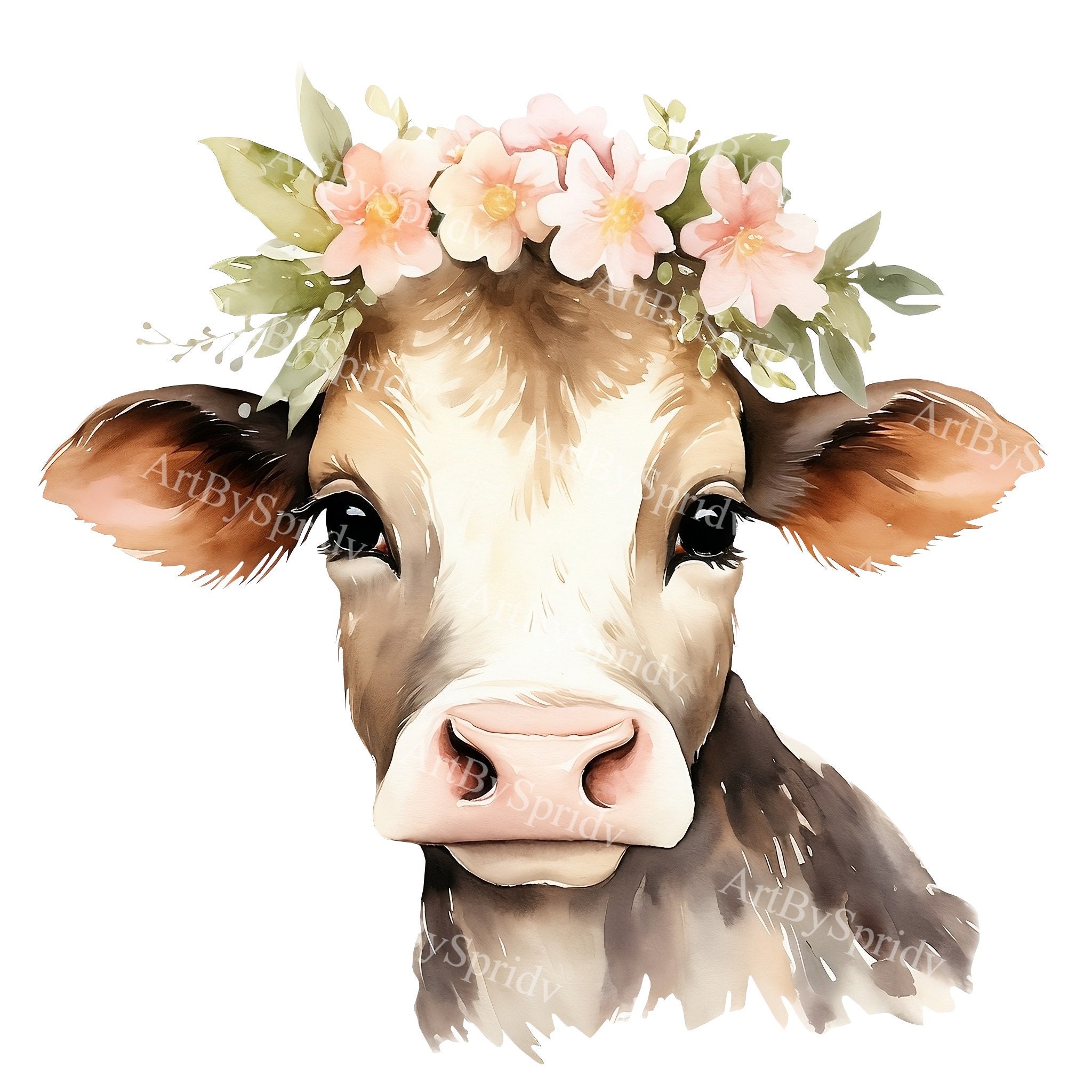Charming Cow PNG Clipart With Flower Crown, Watercolor Farm Animal Clip ...