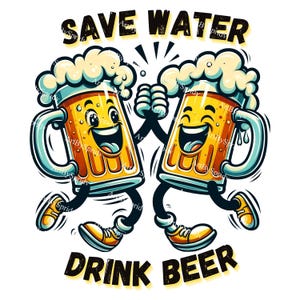 水を節約してビールを飲む PNG、面白いビールジョッキのガラスのクリップアート、レトロな酔っぱらいの漫画のデジタルアート、パーティーのアルコール昇華デザイン、バーのユーモアの印刷可能