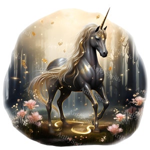 Magical Unicorn Clipart PNG,Golden Horn Unicorn in Misty Forest,Fantasy Unicorn Digital Download,Mystical Forest Animal Art,Instant Download