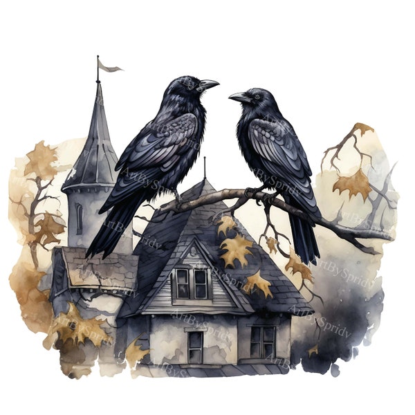 Couple Of Crows Perched On Roof On Nearby Trees Transparent PNG Clipart, Printable T-Shirt, Mug, Tumbler Sublimation,Commercial DIY Clip Art
