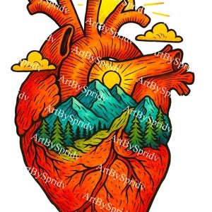 May include: A vibrant illustration of a human heart, featuring a mountain landscape with trees, a setting sun, and clouds. The heart is colored in shades of red and orange, with the text "ArtBySpridv" repeated throughout.