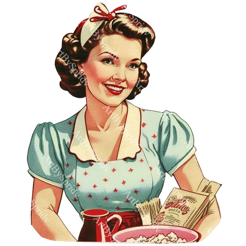 May include: A woman in a blue and white polka dot dress with a red apron is holding a box of "Wheaties" cereal. She is smiling and looking at the viewer. There is a bowl of popcorn and a red pitcher on the table in front of her.