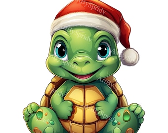 Kerstschildpad met kerstmuts PNG-clipart, schattige babyschildpad vakantiedecor, feestelijke digitale download voor kaarten, doe-het-zelf, cadeaus, scrapbooking