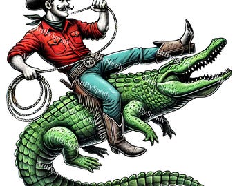 Cowboy Riding Alligator PNG, Wild West Rodeo Croc Art, Funny Western Gator Illustration, Retro Tattoo Design, Southern Swamp Rodeo Clipart