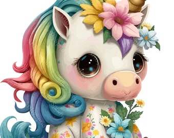 Cute Rainbow Magical Unicorn Clipart, Digital Download, Pastel Unicorn Clip Art for Nursery Decor, Commercial Use, Baby Shower DIY Graphics