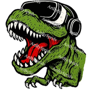 Puede incluir: Una cabeza de dinosaurio T-Rex verde de dibujos animados con auriculares negros y detalles blancos. La boca del dinosaurio está abierta, revelando una lengua roja y dientes blancos. La imagen tiene un estilo vintage.