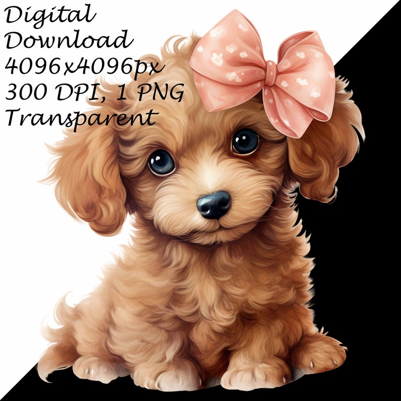 Cute Watercolor Poodle Puppy Dog With Ribbon Bow - Transparent 4 PNG ...