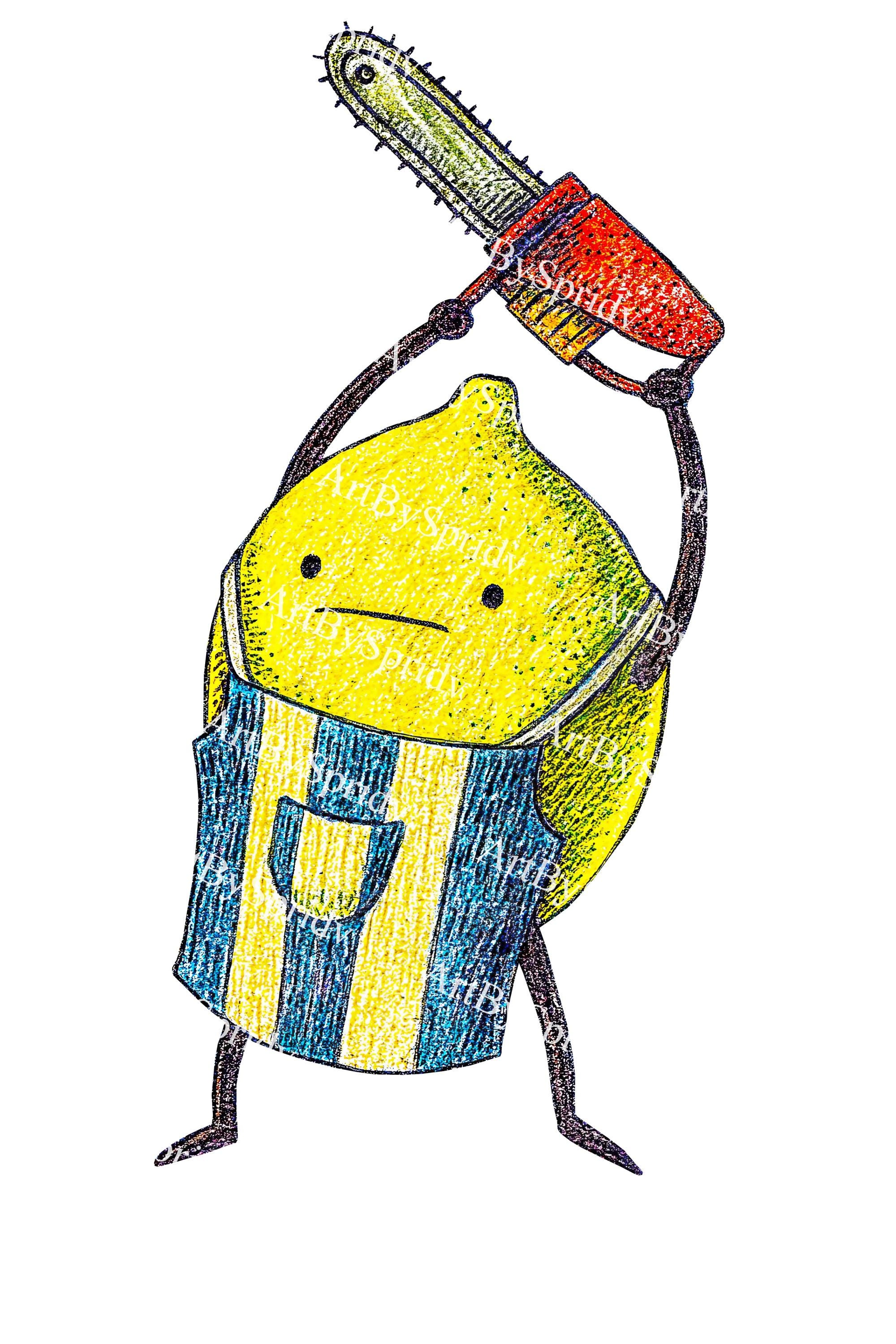 Funny Lemon Mascot Chainsaw PNG, Cartoon Fruit Worker Clipart, Quirky ...