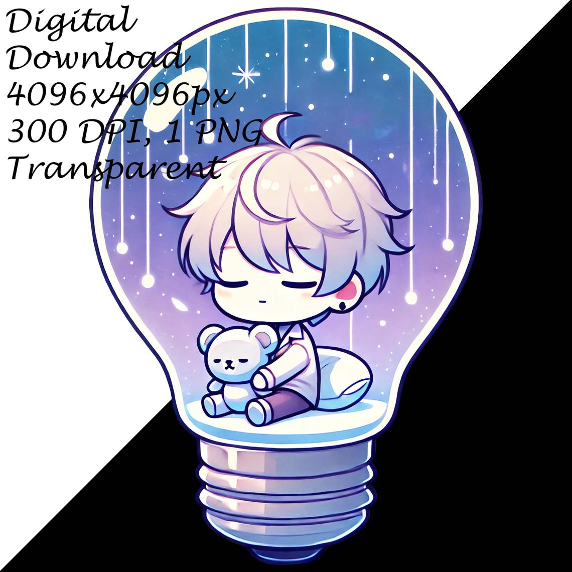Kawaii Boy in Lightbulb Clipart - Cute Sleeping Chibi With Teddy Bear ...
