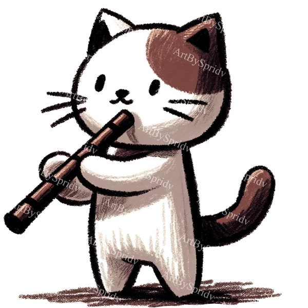 Whimsical Flute-Playing Cat Clipart: Perfect for Digital Download, Printable Sublimation, and Cute Animal Illustrations - Transparent PNG