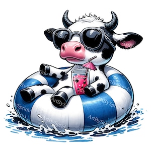 Skurrile Cartoon Kuh auf Aufblasbarem Ring Clipart - Süße auf dem Bauernhof digitale Clip Art für Kinderzimmerdeko und Bastelarbeiten, Instant Download PNG