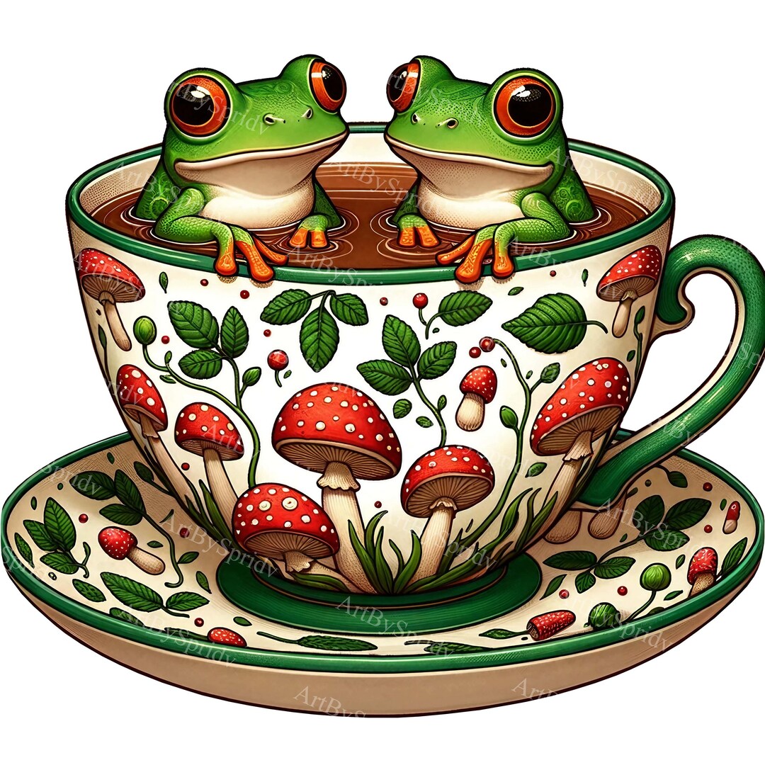 Frog in Teacup Clipart - Floral & Mushroom Coffee Cup PNG, Watercolor ...