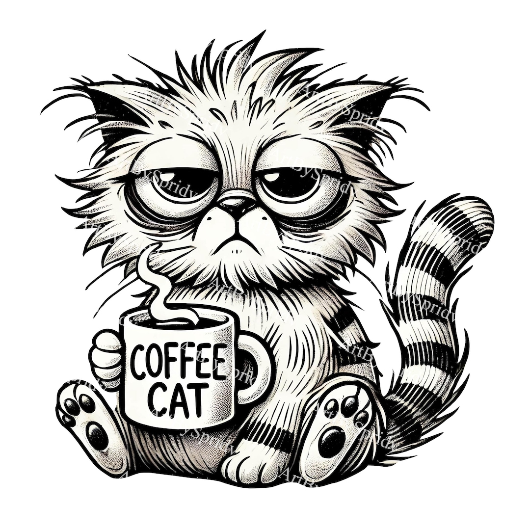 Grumpy Sleepy Coffee Cat PNG Clipart, Funny Tired Kitten With Coffee ...