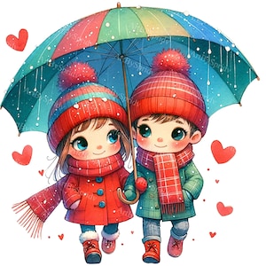 Valentine's Day Clipart - Boy & Girl Under Umbrella, Romantic Cartoon PNG, DTG T-Shirt, Mug, Tumbler Design - Sublimation and Scrapbooking