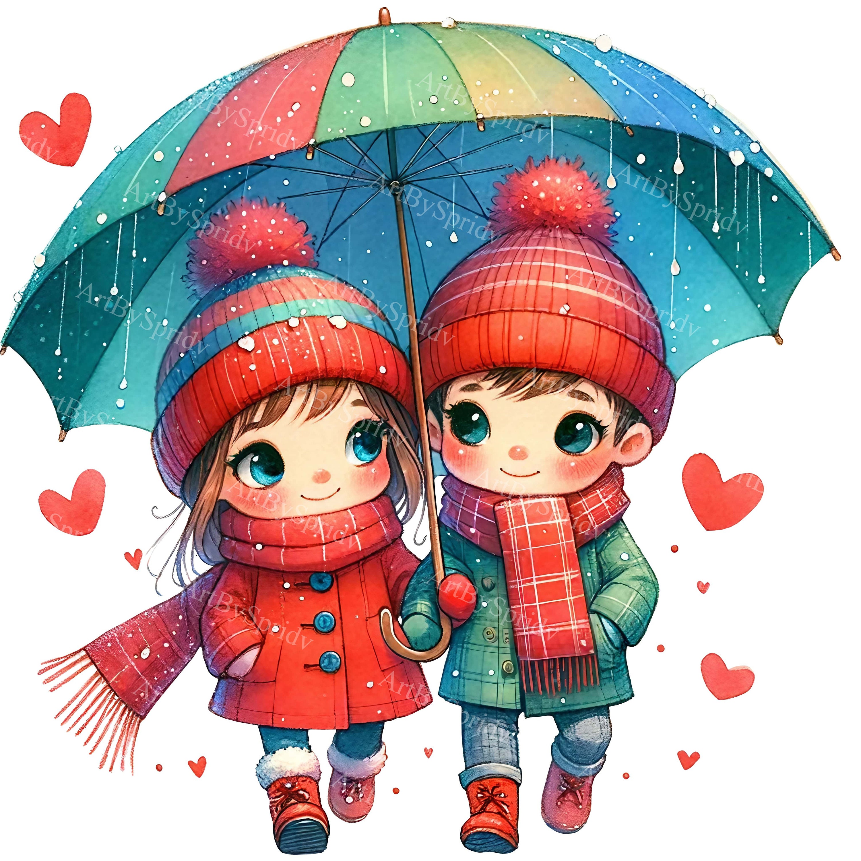 Valentine's Day Clipart - Boy & Girl Under Umbrella, Romantic Cartoon PNG, DTG T-Shirt, Mug, Tumbler Design - Sublimation and Scrapbooking