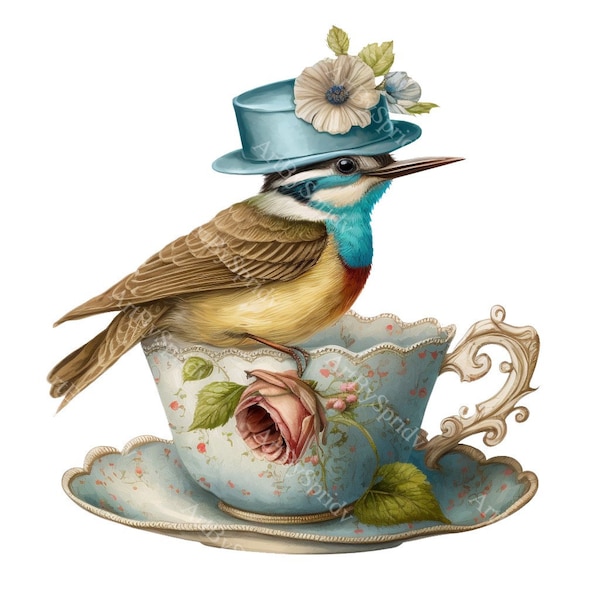 Vintage-Inspired Teacup Bird Clipart - Elegant Hat-Wearing Bird PNG, Perfect for Scrapbooking & Invitations,Digital Download,DIY Craft Decor