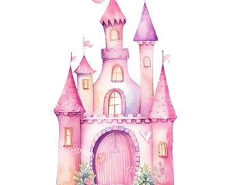 Clipart aquarelle château de princesse - château rose de conte de fées PNG pour faire-parts, scrapbooking, décoration de chambre bricolage fille sublimation imprimable