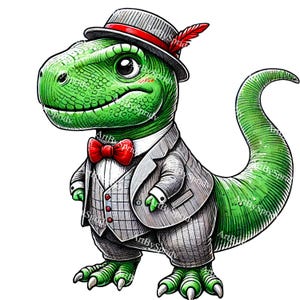 Eleganter Dinosaurier PNG, ausgefallener T-Rex im Anzug mit Fliege und Hut, süße Vintage Dino Clipart, schrullige Cartoon-Illustration für Sublimation und Handwerk