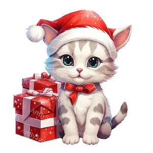 Schattige kat met kerst kerstmuts transparante PNG-clipart, cartoon ontwerp kind/volwassene, afdrukbare sublimatie, commercieel, magische dieren illustraties
