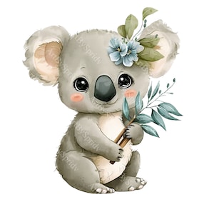 Koala Eucalyptus Branch PNG Clipart,Transparent Animal Floral Print Kids Clip Art,Cute Cartoon Design,DIY Printable Sublimation T-Shirt,Mug