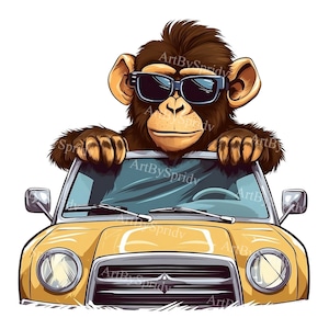 Cute Monkey Driving A Car Transparent PNG Animal Clipart, Kids/Adults Cartoon Design, Printable Sublimation,Commercial,Baby Shower Clip Art