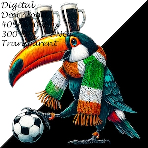 Funny Irish toucan wearing a green, white, and orange scarf, balancing three pints of beer on its beak while playing soccer, perfect for St. Patrick’s Day decor and gifts.