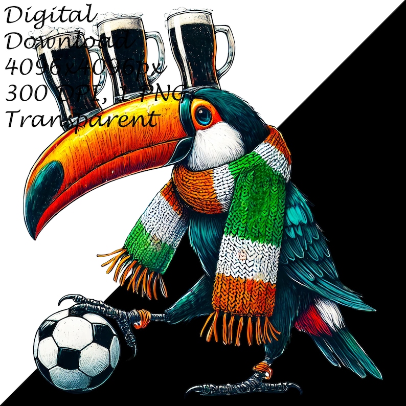Funny Irish toucan wearing a green, white, and orange scarf, balancing three pints of beer on its beak while playing soccer, perfect for St. Patrick’s Day decor and gifts.
