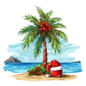 Christmas Beach Palm Tree With Santa Hat Transparent PNG Clipart,Kids/Adults Cartoon Design,Printable Sublimation,Commercial,Xmas Clip Art