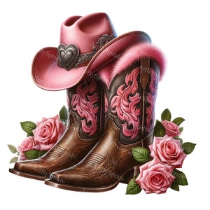 Valentine Day Cowboy Boots PNG - Pinker Hut & Rose Digital Clipart für T-Shirt, Tasse, Becher, Sublimation, Scrapbooking-Romantisches Western Design