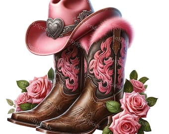 Valentine Day Cowboy Boots PNG - Pink Hat & Rose Digital Clipart for T-Shirt, Mug, Tumbler, Sublimation,Scrapbooking-Romantic Western Design
