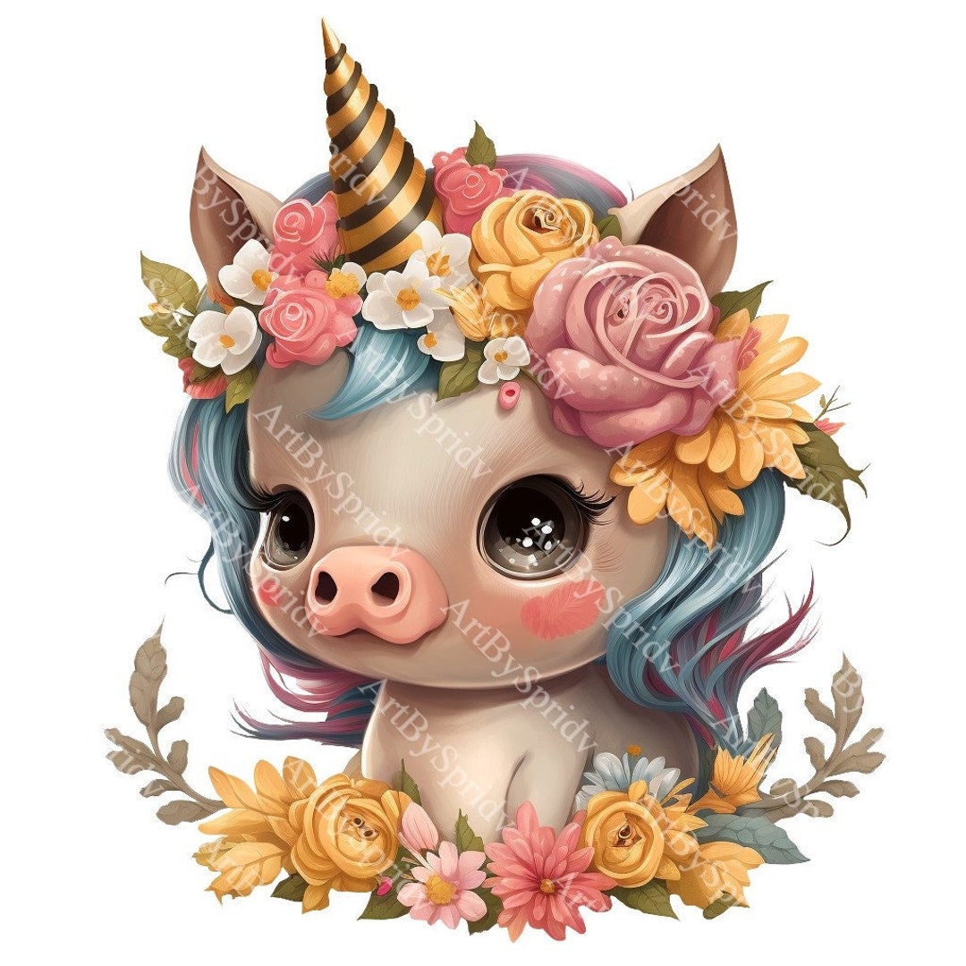 Charming Baby Unicorn Clipart With Floral Crown | Transparent PNG for ...