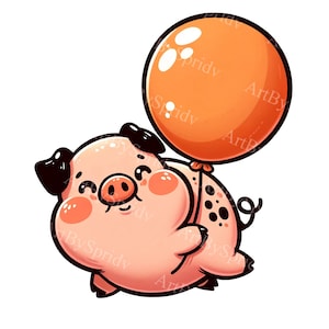 Cerdo alegre y globo Clipart - Cerdo lindo estilo acuarela PNG para DTG, camisetas, tazas, vasos, álbumes de recortes - Sublimación digital Descargar Clip Art