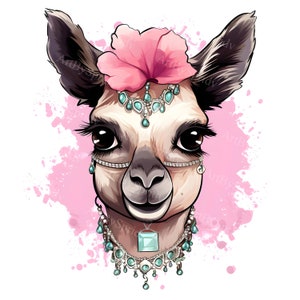 Llama with Pink Flower Headpiece & Elegant Jewelry PNG Clipart, Adorable Boho Illustration for T-Shirt Sublimation, Digital Craft Projects