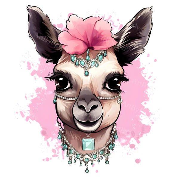 Enchanted Llama Clipart with Jewel Headpiece, Floral Tiara - High-Quality Transparent PNG for DIY Crafts Project, Invitations, Sublimation